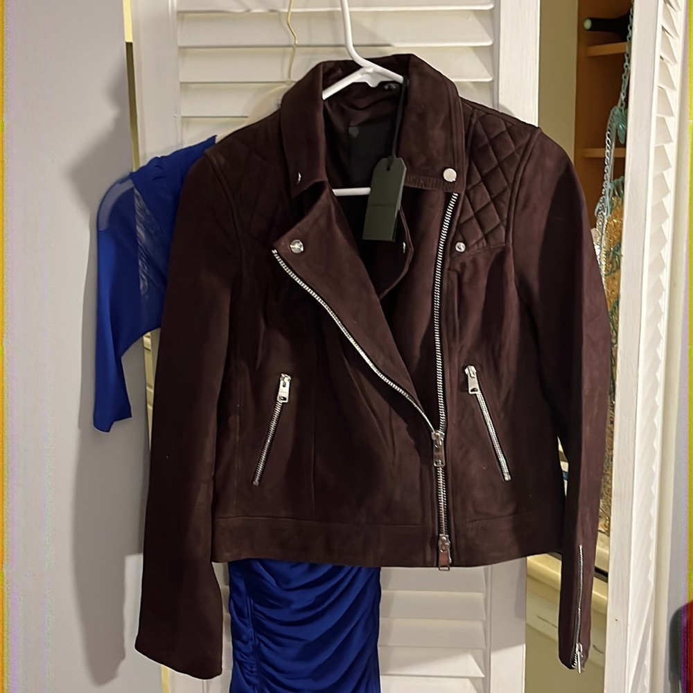 $499⬇️ALL SAINTS Caden suede Leather Jacket faux fur trim - Picture 6 of 7